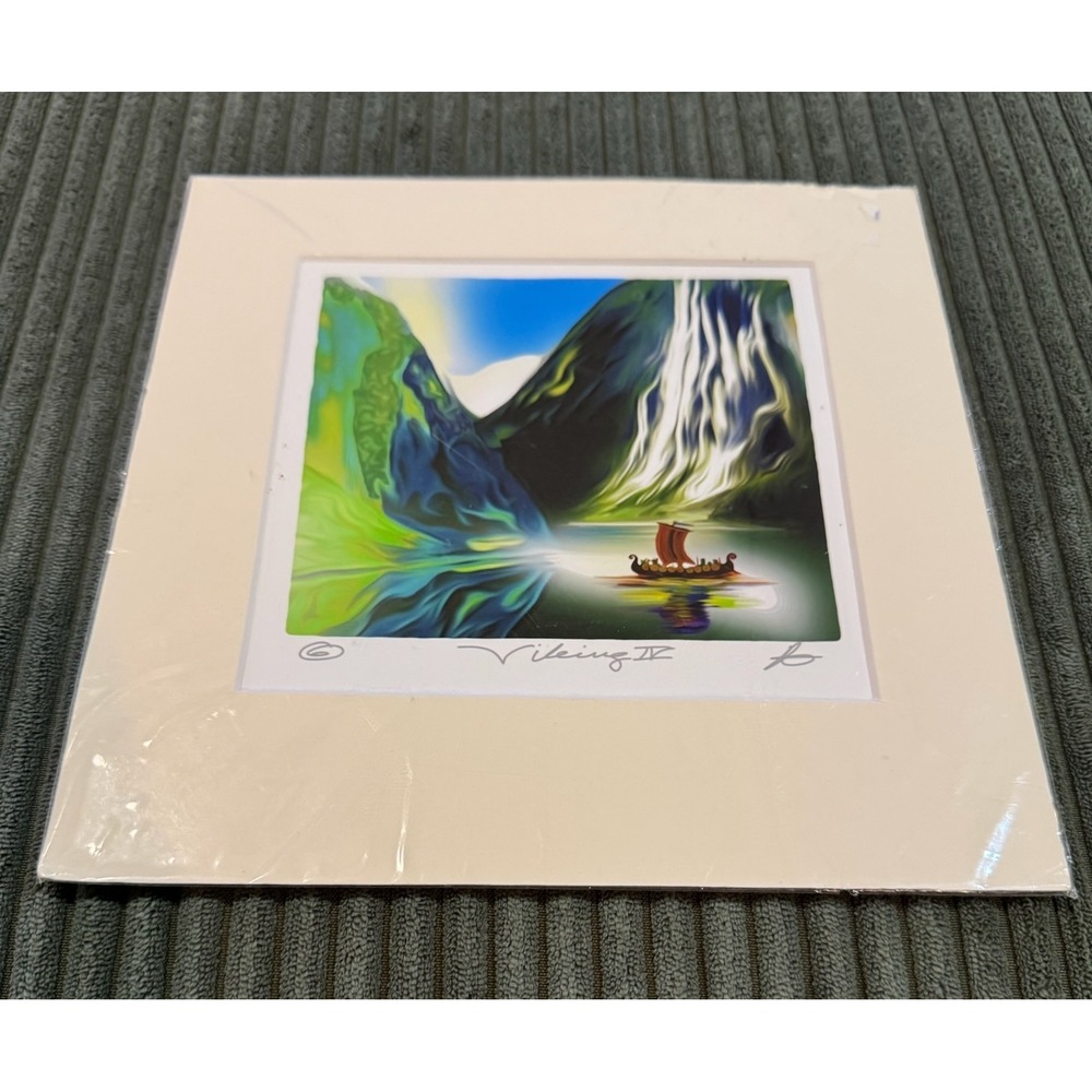 Viking II Art Print Matted‎ Norwegian Landscape Viking Ship Waterfall Nordic